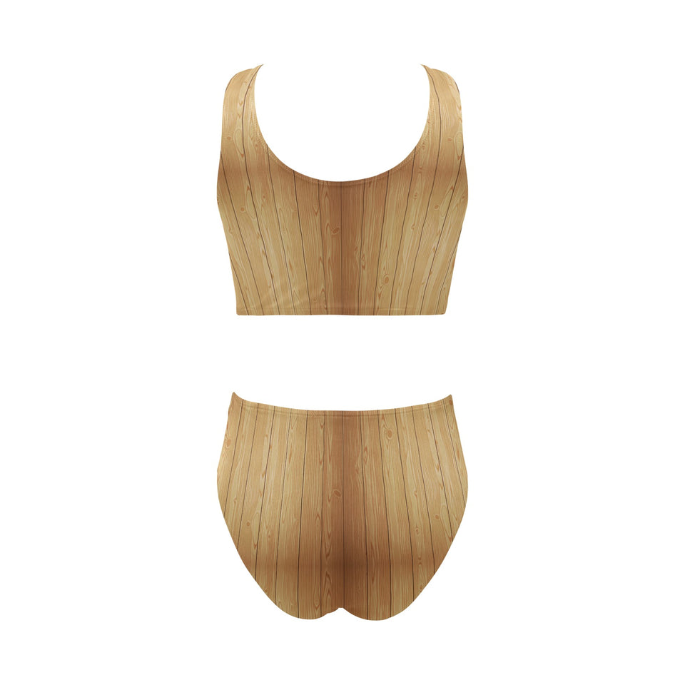 Wood Printed Pattern Print Design 05 Chest Bowknot High Waisted Bikini Swimsuit