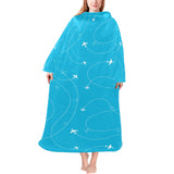 Airplane destinations blue background Blanket Robe with Sleeves