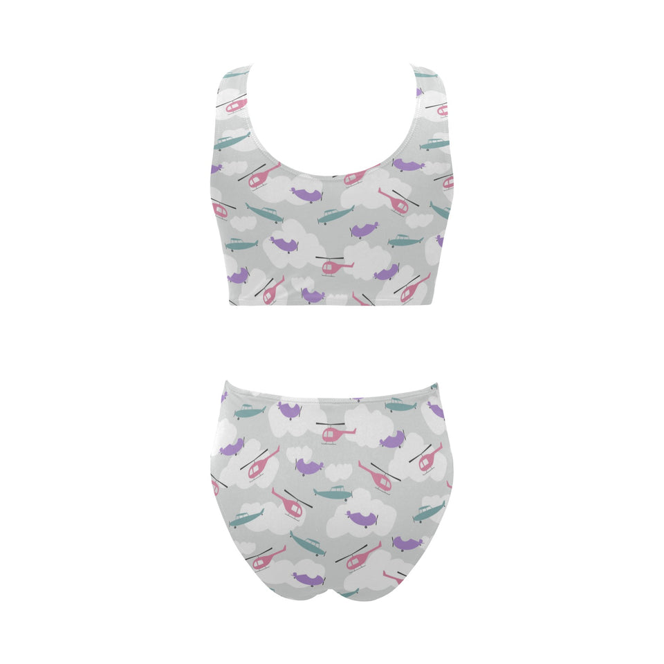 Helicopter plane pattern Chest Bowknot High Waisted Bikini Swimsuit
