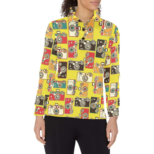 Camera Pattern Print Design 02 Women's Long Sleeve Polo Shirt