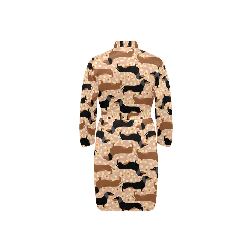 Dachshund floral background Men's Long Sleeve Belted Night Robe