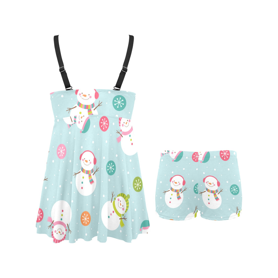 Cute snowman snowflake pattern Chest Sexy Pleated Two Piece Swim Dress