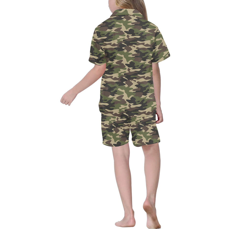 Dark Green camouflage pattern Kids' Boys' Girls' V-Neck Short Pajama Set