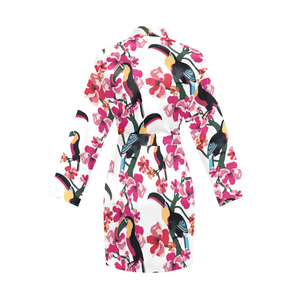 Toucan flower design pattern Women's Long Sleeve Belted Night Robe
