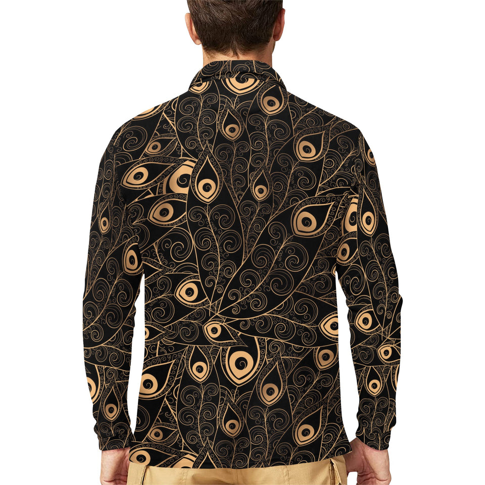 Gold peacock feather pattern Men's Long Sleeve Polo Shirt