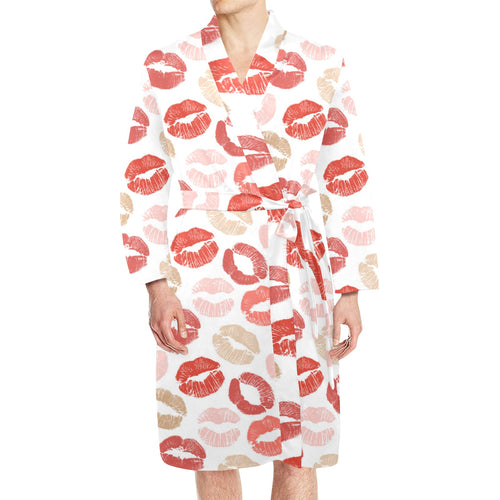 Lips Pattern Print Design 04 Men's Long Sleeve Belted Night Robe