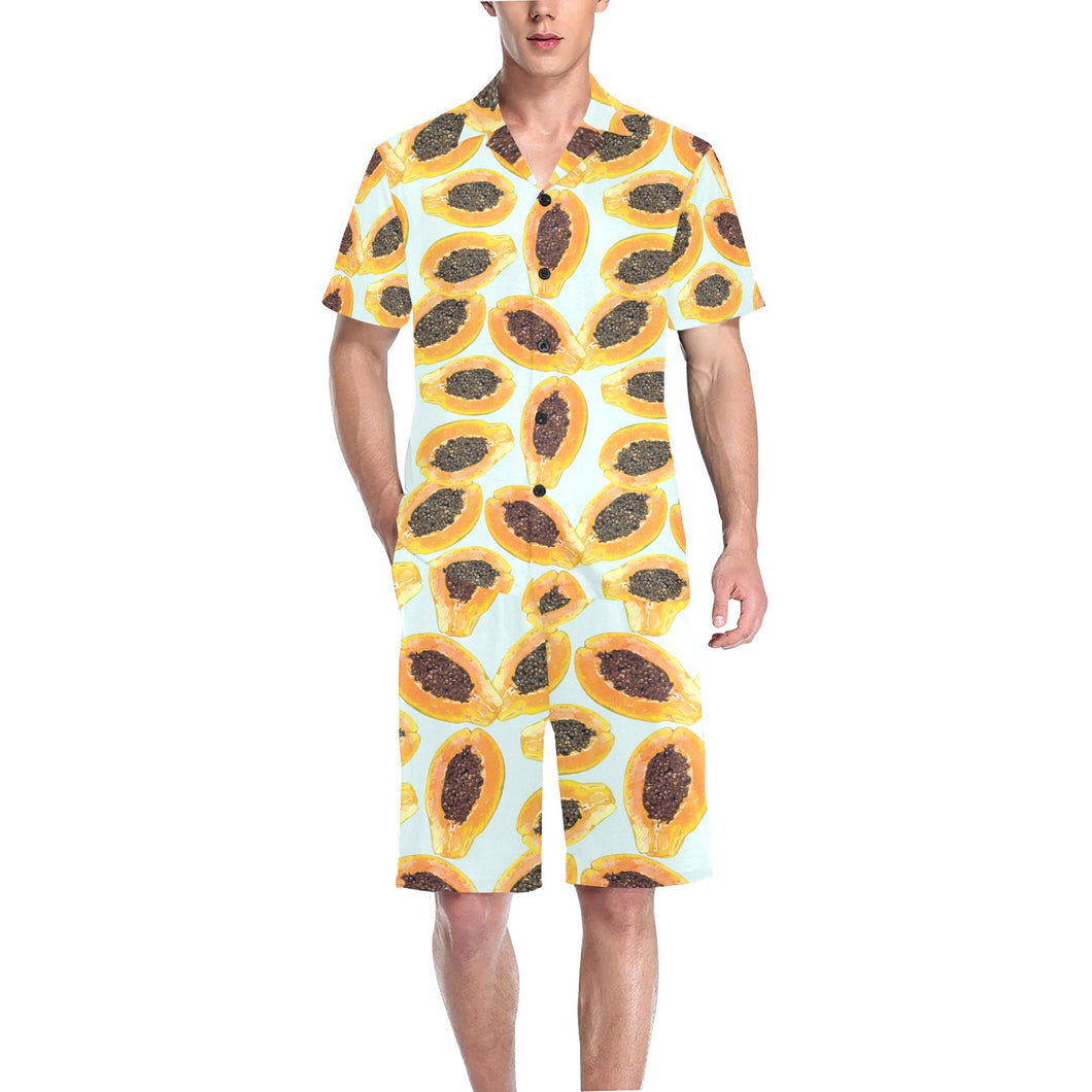 Watercolor papaya pattern Men's V-Neck Short Pajama Set