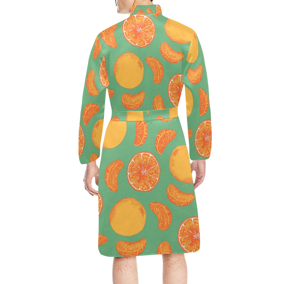 orange fruit pattern green background Men's Long Sleeve Belted Night Robe