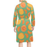 orange fruit pattern green background Men's Long Sleeve Belted Night Robe