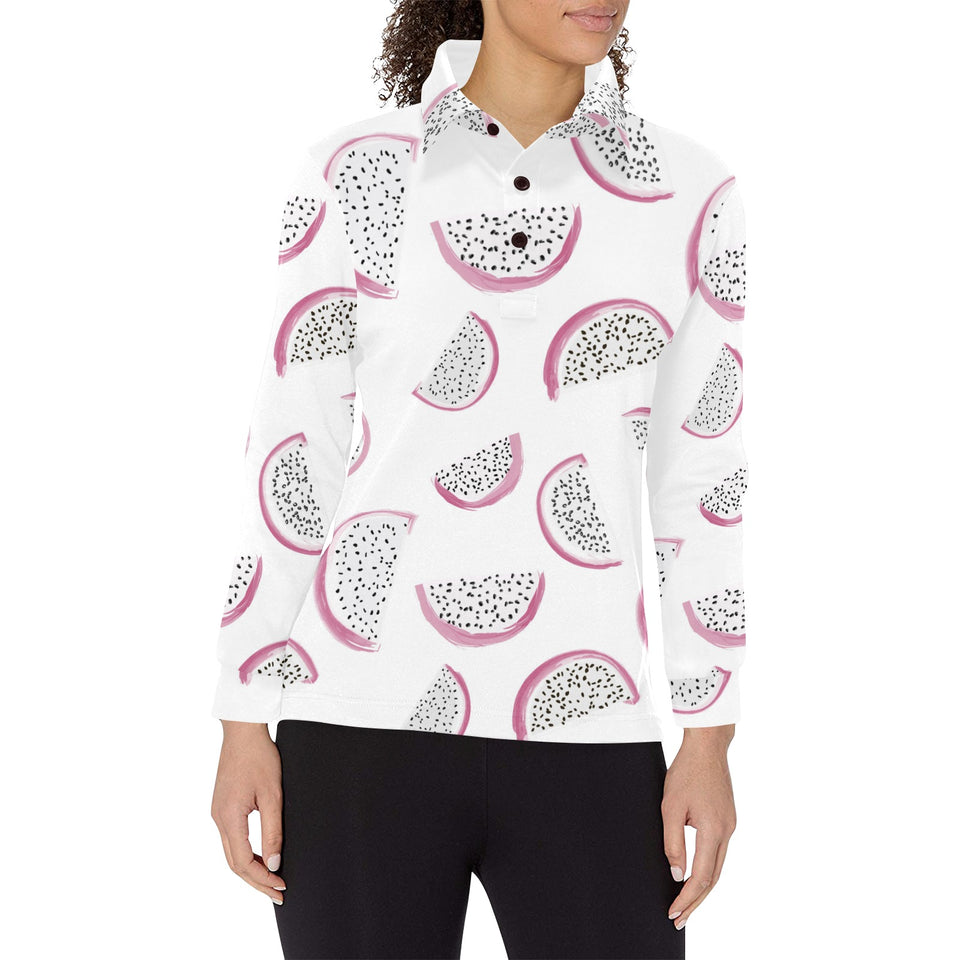 dragon fruit pattern Women's Long Sleeve Polo Shirt