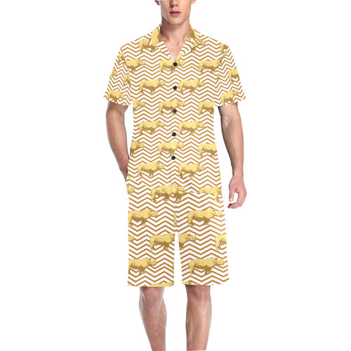 Rhino yellow theme pattern Men's V-Neck Short Pajama Set