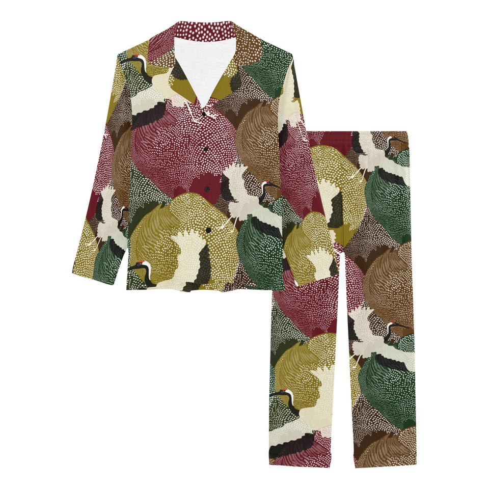 Japanese cranes flying forest dot pattern Women's Long Pajama Set