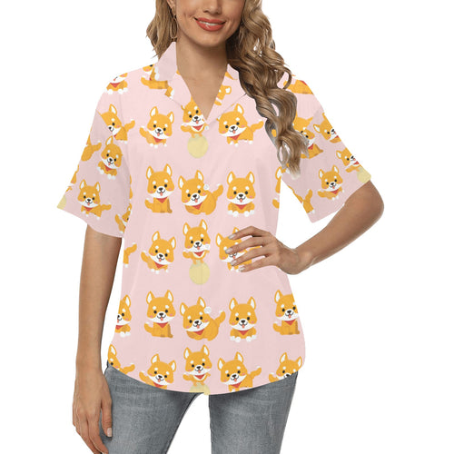 Cute shiba inu dog pattern Women's All Over Print Hawaiian Shirt