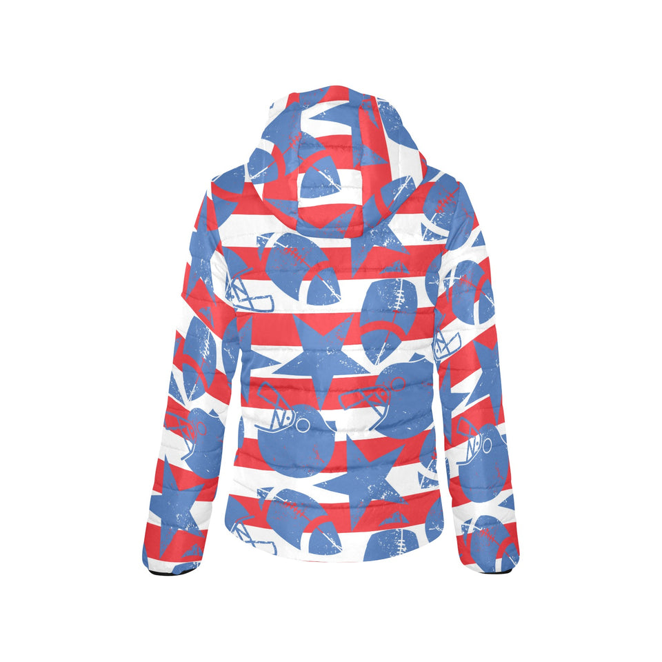 American football ball star stripes pattern Women's Padded Hooded Jacket
