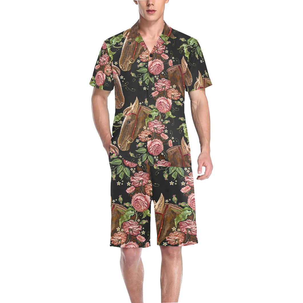 Horse head wild roses pattern Men's V-Neck Short Pajama Set