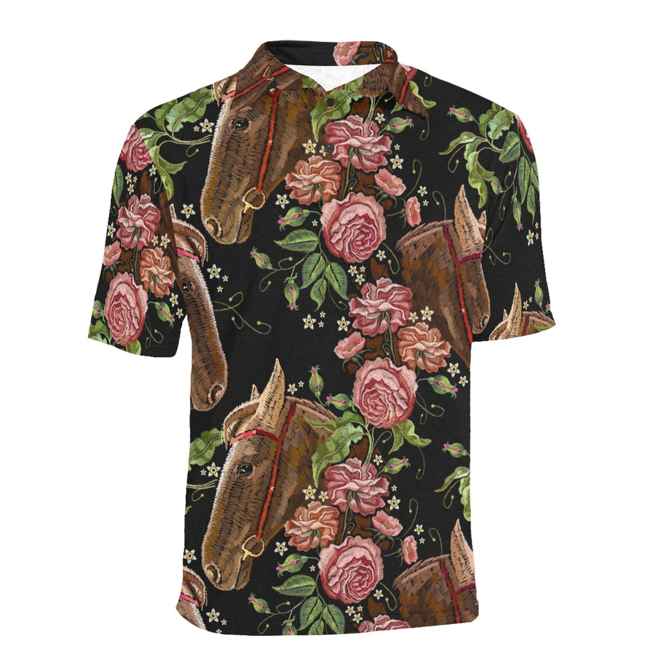 Horse head wild roses pattern Men's All Over Print Polo Shirt