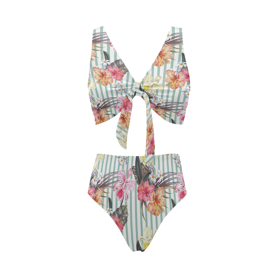 Colorful orchid flower pattern Chest Bowknot High Waisted Bikini Swimsuit