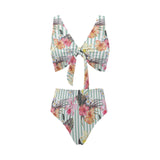 Colorful orchid flower pattern Chest Bowknot High Waisted Bikini Swimsuit