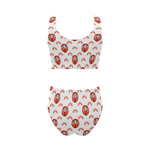 Daruma japanese wooden doll design pattern Chest Bowknot High Waisted Bikini Swimsuit