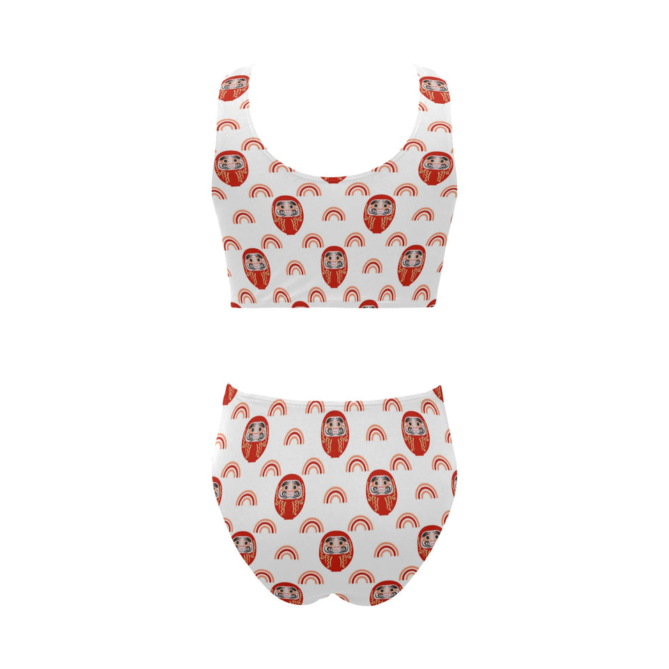 Daruma japanese wooden doll design pattern Chest Bowknot High Waisted Bikini Swimsuit