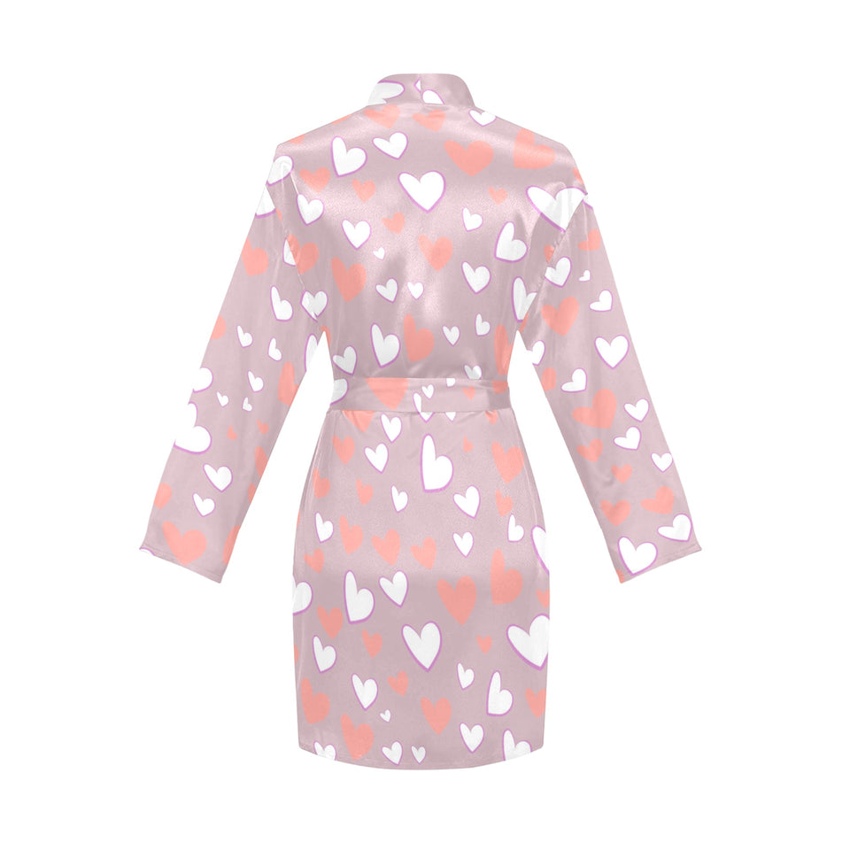 coral white heart pattern Women's Long Sleeve Belted Night Robe