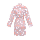 coral white heart pattern Women's Long Sleeve Belted Night Robe