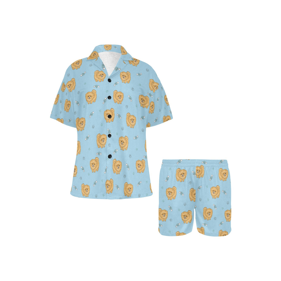 Brown cute pomeranian blue blackground Women's V-Neck Short Pajama Set