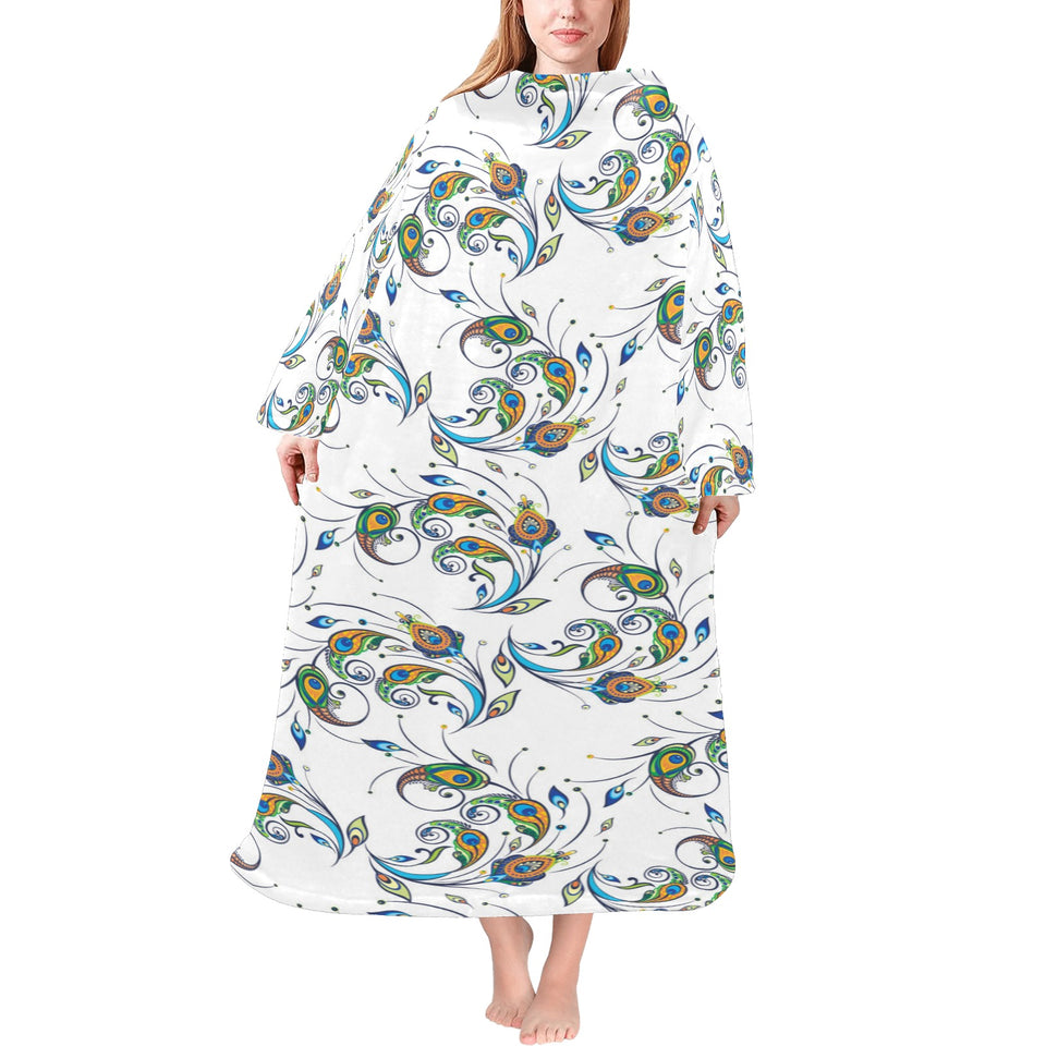 Peacock feather pattern Blanket Robe with Sleeves