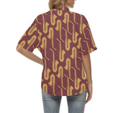 Hand drawn gold saxophone red background Women's All Over Print Hawaiian Shirt