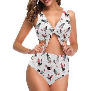 Cool rooster chicken cock floral ornament backgrou Chest Bowknot High Waisted Bikini Swimsuit
