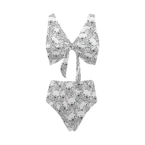 Cute french bulldog head pattern Chest Bowknot High Waisted Bikini Swimsuit