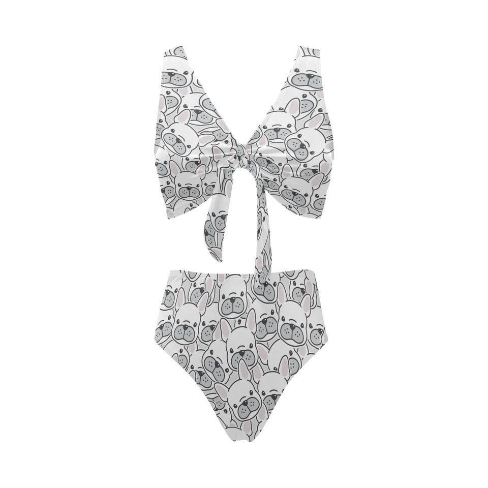 Cute french bulldog head pattern Chest Bowknot High Waisted Bikini Swimsuit