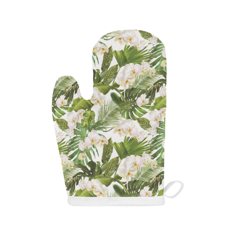 White orchid flower tropical leaves pattern Heat Resistant Oven Mitts