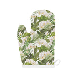 White orchid flower tropical leaves pattern Heat Resistant Oven Mitts