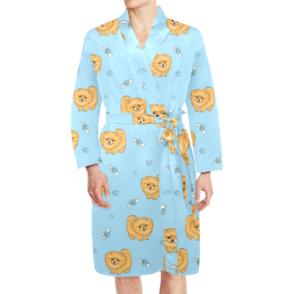 Brown cute pomeranian blue blackground Men's Long Sleeve Belted Night Robe