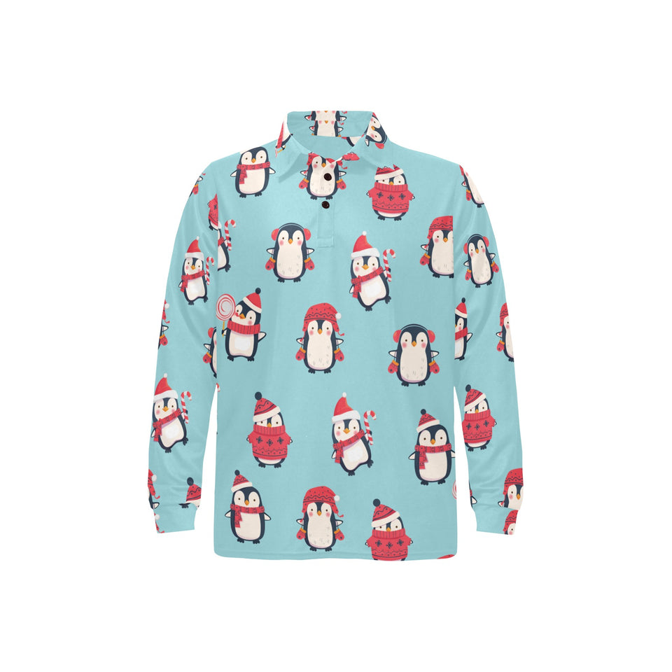 Cute penguin christmas design pattern Men's Long Sleeve Polo Shirt