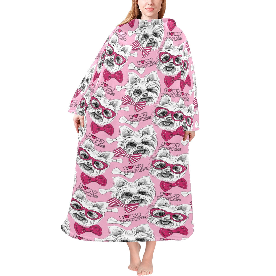 Yorkshire Terrier Pattern Print Design 03 Blanket Robe with Sleeves