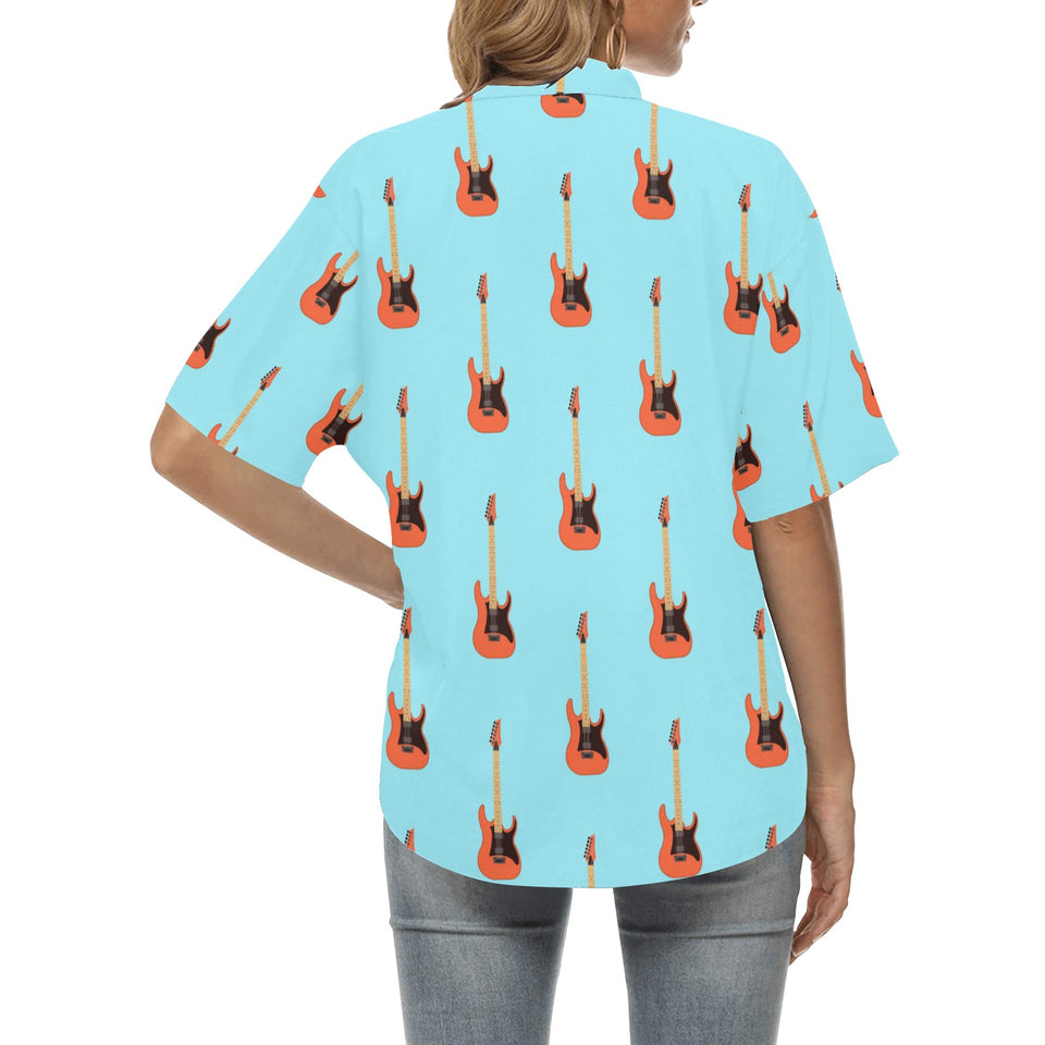 electric guitar pattern light blue background Women's All Over Print Hawaiian Shirt