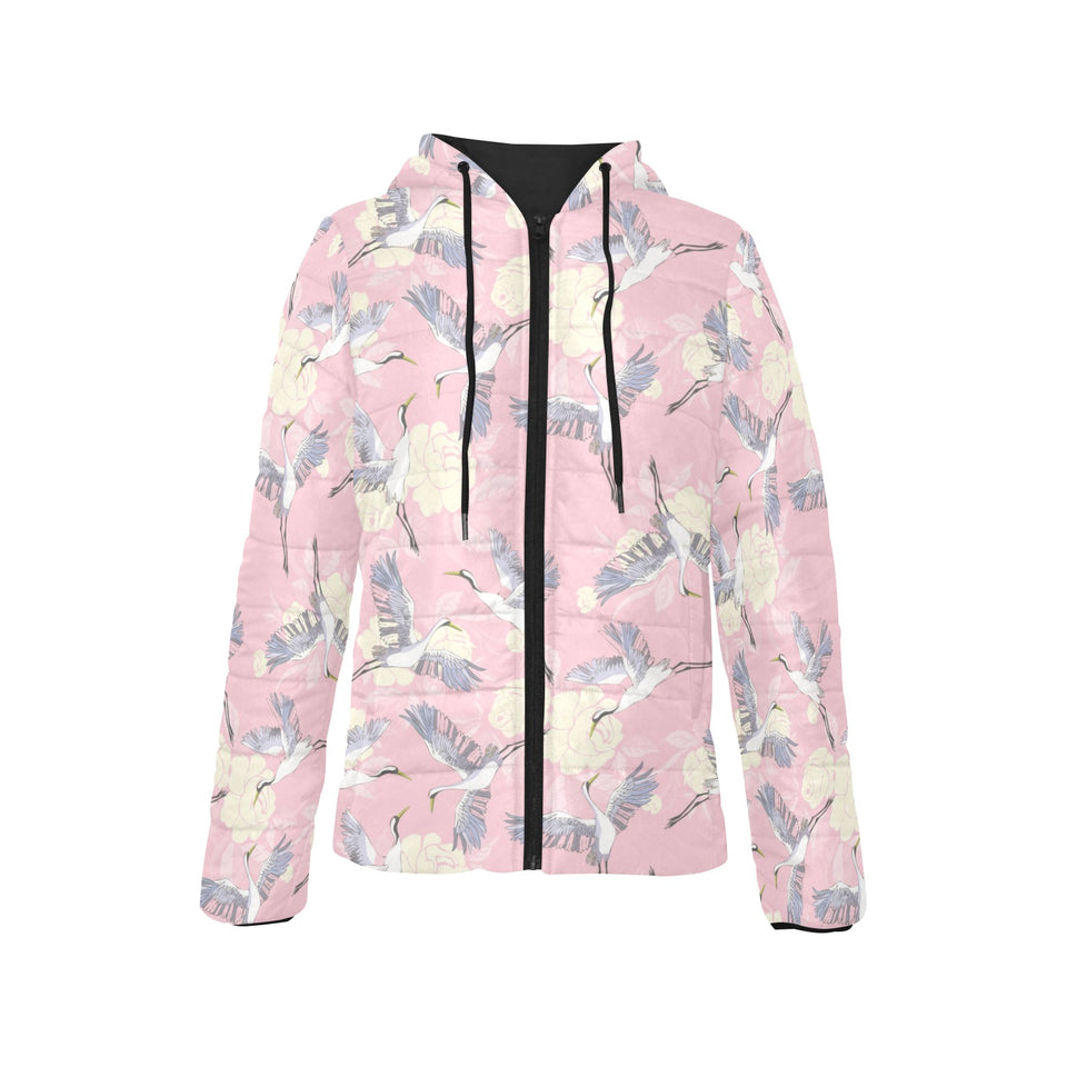 Japanese crane rose pattern Women's Padded Hooded Jacket
