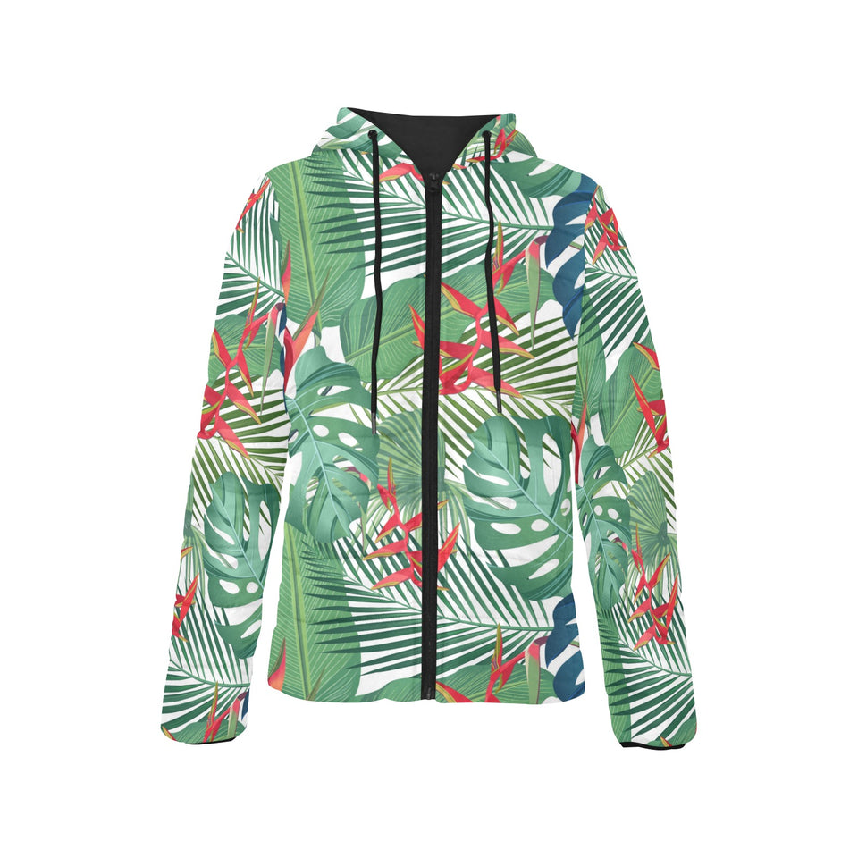 heliconia palm and monstera leaves pattern Women's Padded Hooded Jacket
