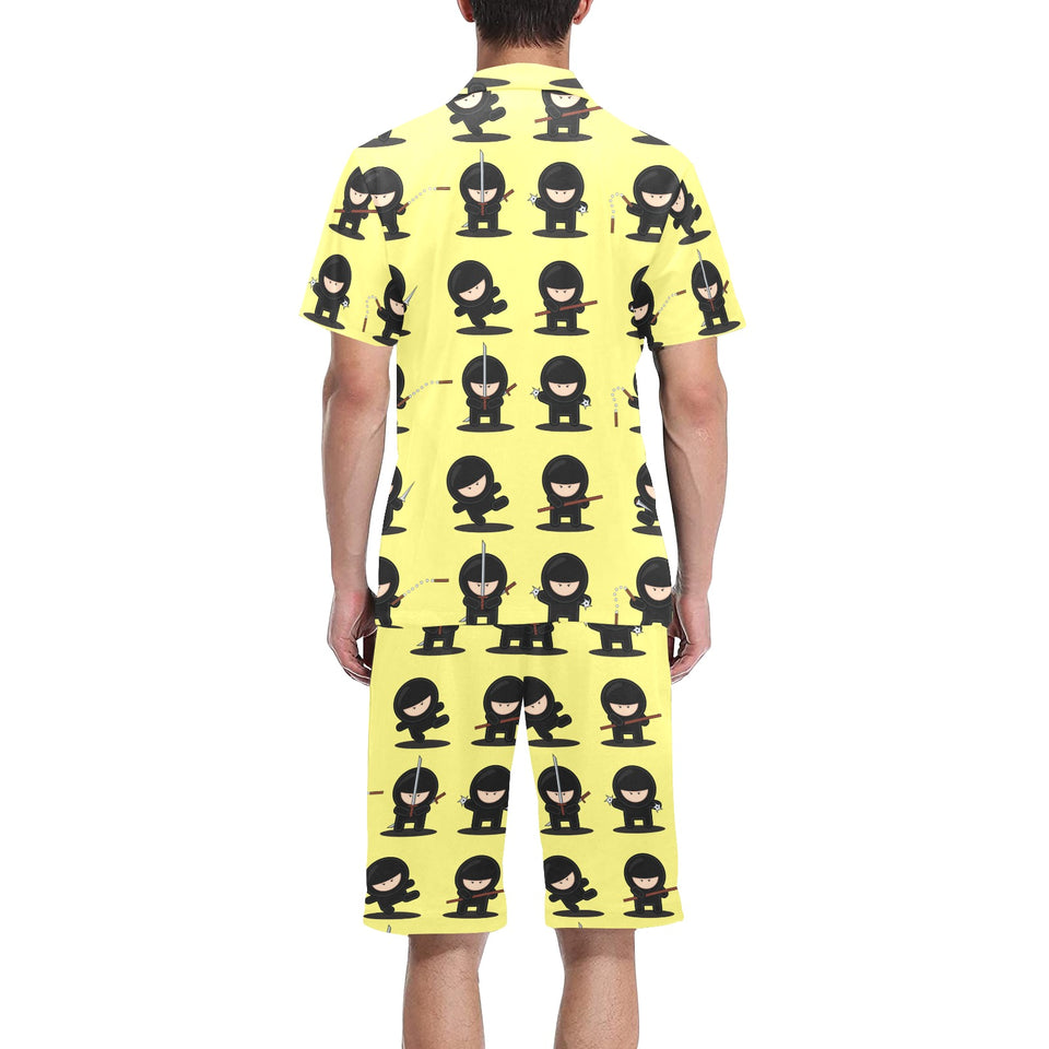 Cute ninja yellow background Men's V-Neck Short Pajama Set