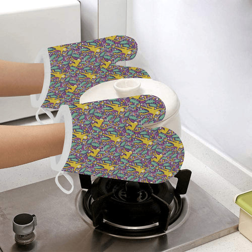 Cute yellow monkey leaves pattern Heat Resistant Oven Mitts