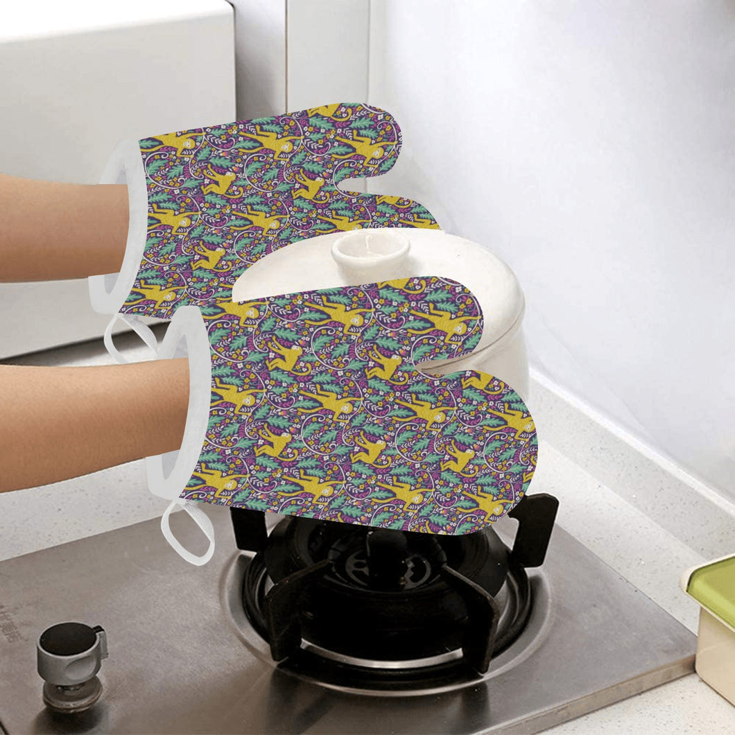 Cute yellow monkey leaves pattern Heat Resistant Oven Mitts