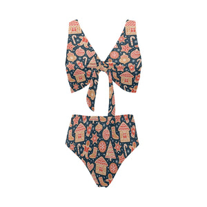 Christmas gingerbread cookie pattern Chest Bowknot High Waisted Bikini Swimsuit