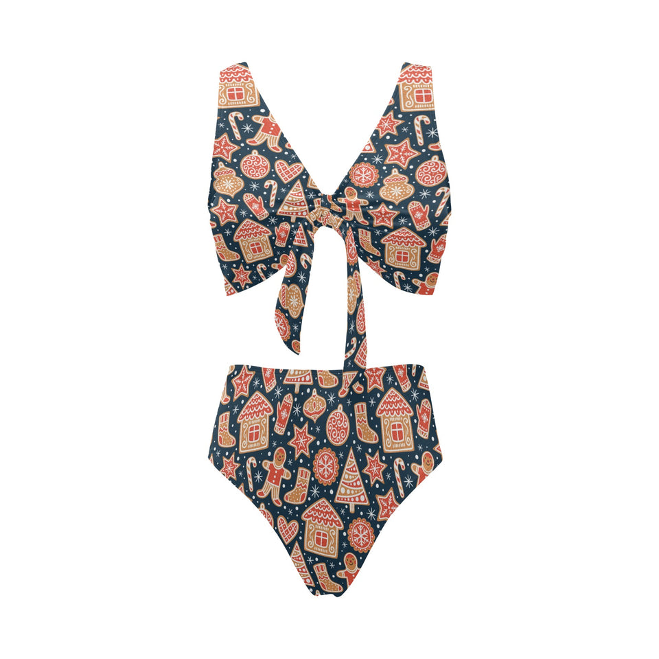 Christmas gingerbread cookie pattern Chest Bowknot High Waisted Bikini Swimsuit