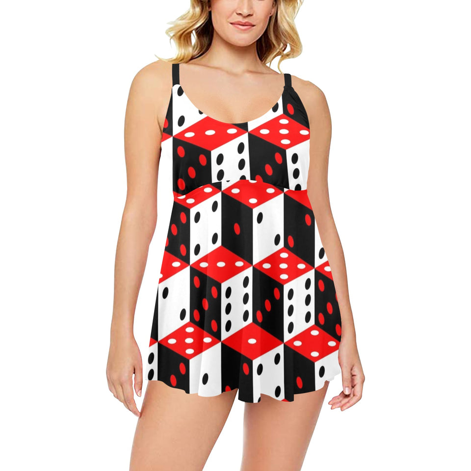 Dice Pattern Print Design 02 Chest Sexy Pleated Two Piece Swim Dress