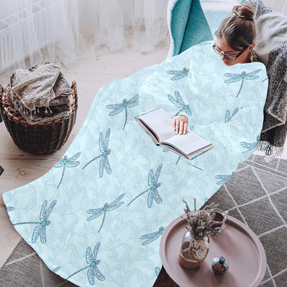 Dragonfly pattern blue background Blanket Robe with Sleeves