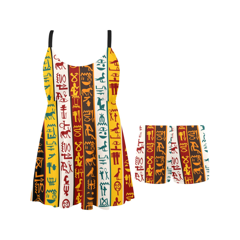 Egypt Hieroglyphics Pattern Print Design 01 Chest Sexy Pleated Two Piece Swim Dress