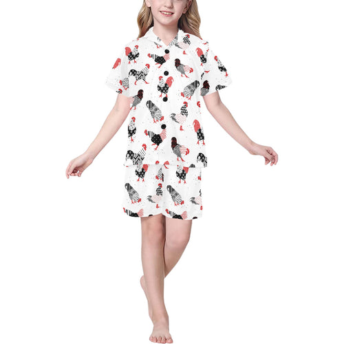 Cool rooster chicken cock floral ornament backgrou Kids' Boys' Girls' V-Neck Short Pajama Set