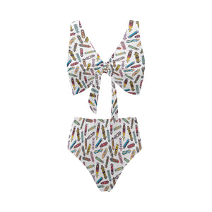 Skate Board Pattern Print Design 05 Chest Bowknot High Waisted Bikini Swimsuit